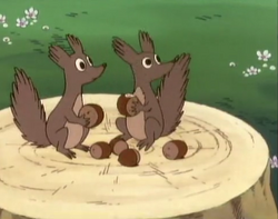 The two squirrels appearing in the Tanoshii Mūmin Ikka anime series.