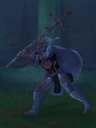 A bloodied version of the pommel strike pose.