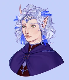 Portrait of Erilihn in an indigo cape. Her expression is anxious.