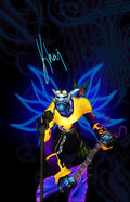 A poster of Khaji and his guitar, Spellcaster.