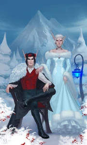 Erilihn and husband Avenue in blue and red wedding attire posing in an alpine environment.