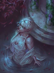 Erilihn in a white dress in a pond at night, looking up at the moonlight.