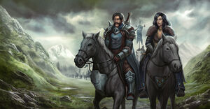 Berenal and Aleyina marching with soldiers of the Blades of Greymane military.