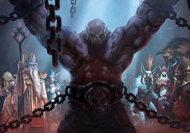 Garrosh Hellscream, in chains before an audience.