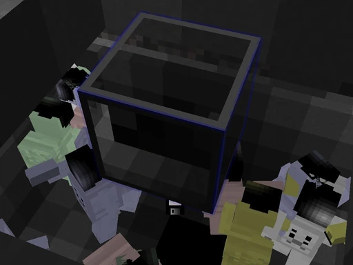 A room full of astronauts partly hidden by a hyperglass block