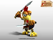 Das Moorhuhn in einer Kampfpose