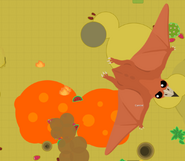 A Pterodactyl flying over two lava lakes.