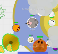 A Sabertooth Tiger, a Vulture, multiple Arctic Ducks and a particularly large Duckling (removed) in an Arctic lake, next to a Beehive.