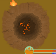 A partially opened Volcano during an eruption at the corner of the screen.