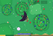 A Keel-Billed Toucan flying over the Forest with several Christmas decorated trees