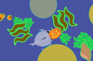 A Shark with a Jack-o-Lantern near two conches