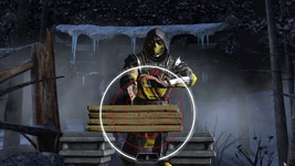 Interface of the Test Your Might mode. Scorpion getting ready to break a Pine.