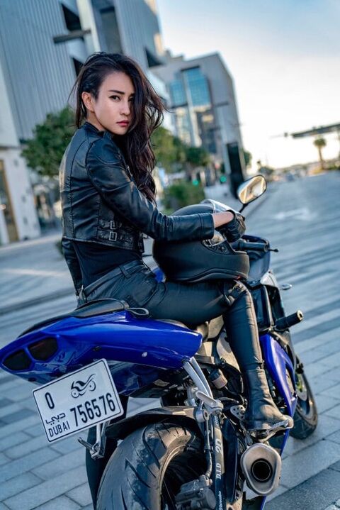 Chinese actress Miya Muqi in motorcycle gear for 2020 film "Vanguard ...