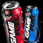 Promotional artwork for Amp Game Fuel Charged (Berry Blast) and Amp Game Fuel Charged (Cherry Burst), featuring both flavors' can designs.