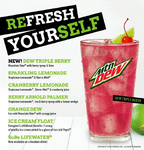 Promotional artwork for new drinks (including Mountain Dew Orange) at Applebee's from April 2015.