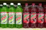 Contemporary 6-packs of 24 oz. bottles of Code Red and Diet Mountain Dew on a store shelf.