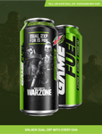 Promotional artwork for Game Fuel Charged (Original Dew) during the Call of Duty: Vanguard promotion, prominently showing both the front and side of its 16 oz. can design during said promotion.