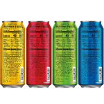 The official Amp Game Fuel Charged brand line up's of 16 oz. can designs (back sides).