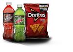 Contemporary bottles of Citrus Cherry and Mountain Dew as well as a bag of Nacho Cheese Doritos.