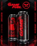 Promotional artwork for Game Fuel (Championship Citrus Cherry), featuring the front and side views of its can design.