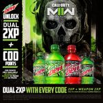 Promotional artwork featuring Mountain Dew, Diet Mountain Dew, Mountain Dew Zero Sugar, and Code Red during the Call of Duty: Modern Warfare 2 promotion, featuring all four flavors' Sidekick bottle designs during that promotion.