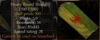 A board shield inventory icon and the stats on a heavy one.