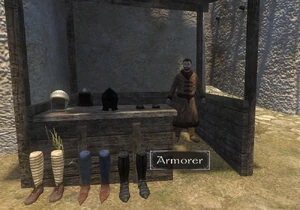 An armor merchant. Notice the discontinued Black Helm and Boots on display.