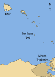 A composite map showing the relative positions of the Mouse Territories and Ildur with regard to the Northern Sea. Borders c. 1108.