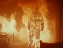 Michael Myers engulfed in flames after Dr Loomis had caused an explosion at the hospital