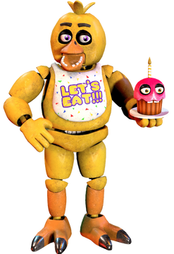 Swap!chica: a yellow chicken fnaf animatronic with a fancy dressed-up 80s  vibe with magenta eyes, a black bowler hat, a simple pink dress, and a  microphone in her hand