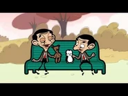 Mr. Bean and Pod playing with their plush toys.
