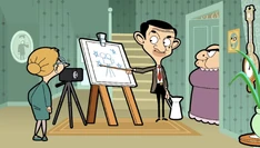 Mr. Bean and Irma presenting the plan and the story of the film to Mrs. Wicket, encouraging her to take part in it too.
