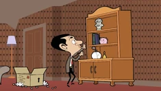 Mr. Bean tried putting a bust on one of the shelves of his bookcase, but it caused it to move.