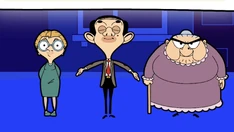 Mr. Bean bows to the audience, alongside his co-stars: Mrs. Wicket and Irma.