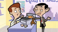 Having enough money, Bean decides to buy the cups with both Teddy and Lottie on it