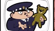 The police officer holding a teddy bear warning the public of the teddy theft crimes.