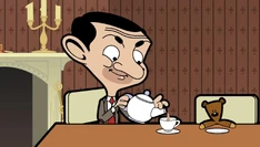 Mr. Bean is pouring tea into a cup until he notices he didn't bring one for Teddy so he looks for one everywhere.
