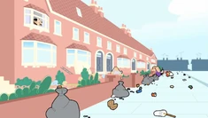 The Bruiser Family leaving their house, throwing rubbish all around them.