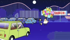 There's no more parking spaces left in the car park until Bean notices a sign saying, as he read it "Cars", unbeknownst that it's actually a sign leading to Bumper Cars, not a car park.
