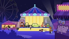 After going through the area with Bumper Cars and still not finding a place to park at, Bean decides to park on... the merry-go-round, which interests the children nearby and they all want to go inside Bean's Mini.