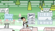 After taking the map off the wall, Bean now begins looking for the bookcase area in the store.