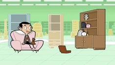 Mr. Bean took the things from his shelf to the store to put them on the bookcase and see how they look like on it.