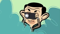 Mr. Bean filming people in the park.