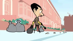 Mr. Bean cleaning up the litter, mainly left by the Bruisers.