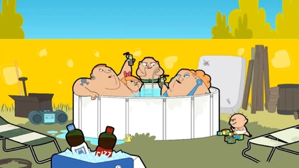 Bruiser Family in their pool drinking soft drinks.