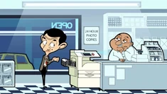 Mr. Bean copying lots of "Throw Rubbish Here" signs in the 24/7 petrol station.