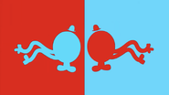 Red-and-blue stencils of Mr. Tickle