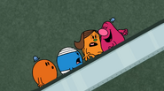 Mr. Tickle, Mr. Bump, Little Miss Calamity and Mr. Scatterbrain all going up an escalator