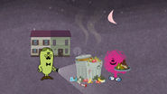 Mr. Messy gets caught by Mr. Persnickety for eating out of the trash in the middle of the night