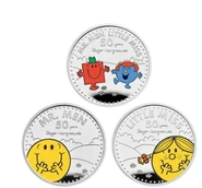 The Royal Mint releases 3 limited edition coins with Mr. Happy, Mr. Strong Little Miss Giggles, and Little Miss Sunshine on them in celebration for Mr. Men's 50th anniversary.